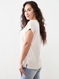 Petite Short Sleeved Round Neck Embellished Top