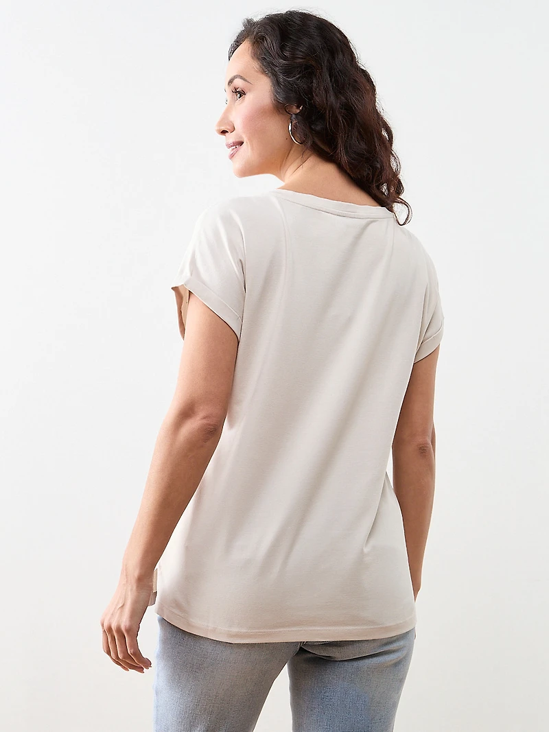 Petite Short Sleeved Round Neck Embellished Top