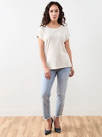 Petite Short Sleeved Round Neck Embellished Top
