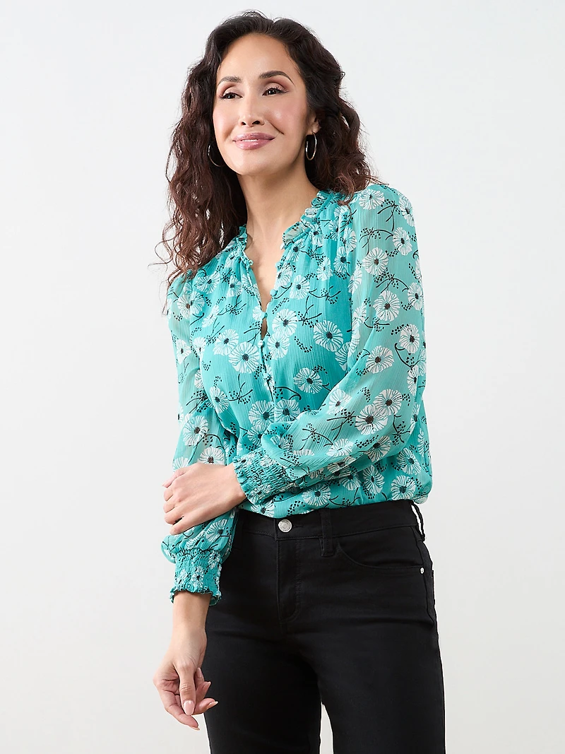 Petite Smocked Cuff Button Front Blouse