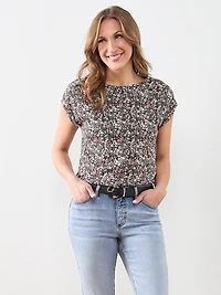 Short Sleeve Cuff Boat Neck Tee in Black