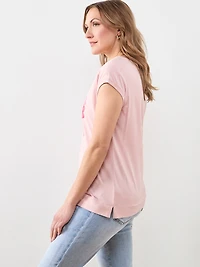 Short Sleeve Cuff Boat Neck Tee in Pink
