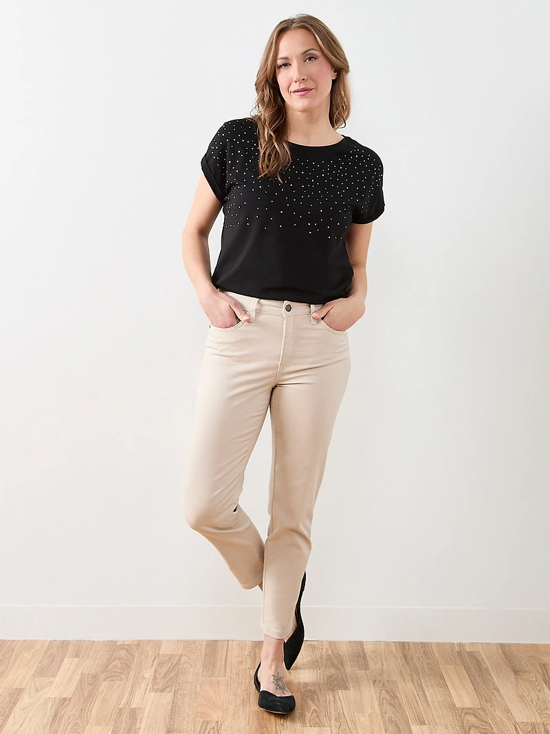 Short Sleeve Round Neck Embellished Top