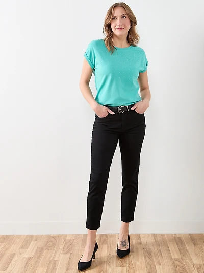 Short Sleeve Round-Neck Embellished Top