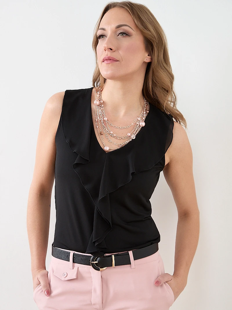 Sleeveless Soft Knit Top with Ruffles