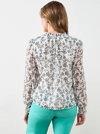 Smocked Cuff Button Front Blouse