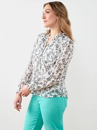 Smocked Cuff Button Front Blouse