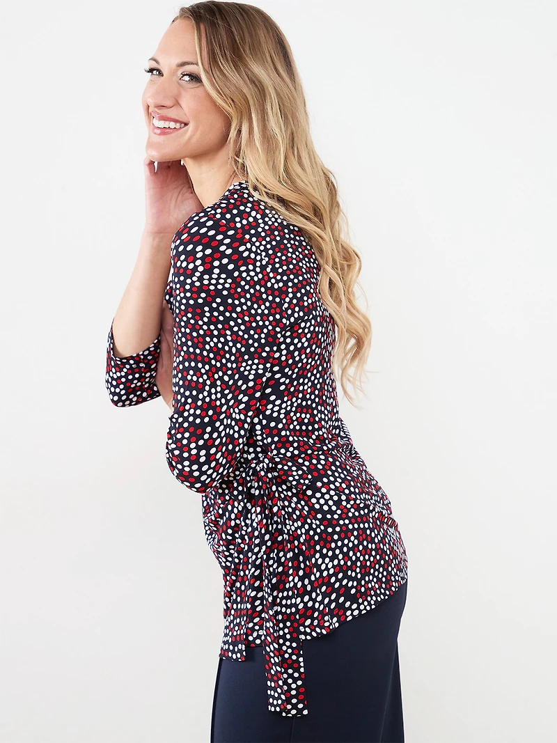 Soft Knit Wrap Top in Navy with White and Red Dots
