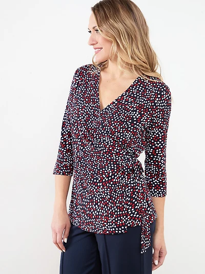 Soft Knit Wrap Top in Navy with White and Red Dots