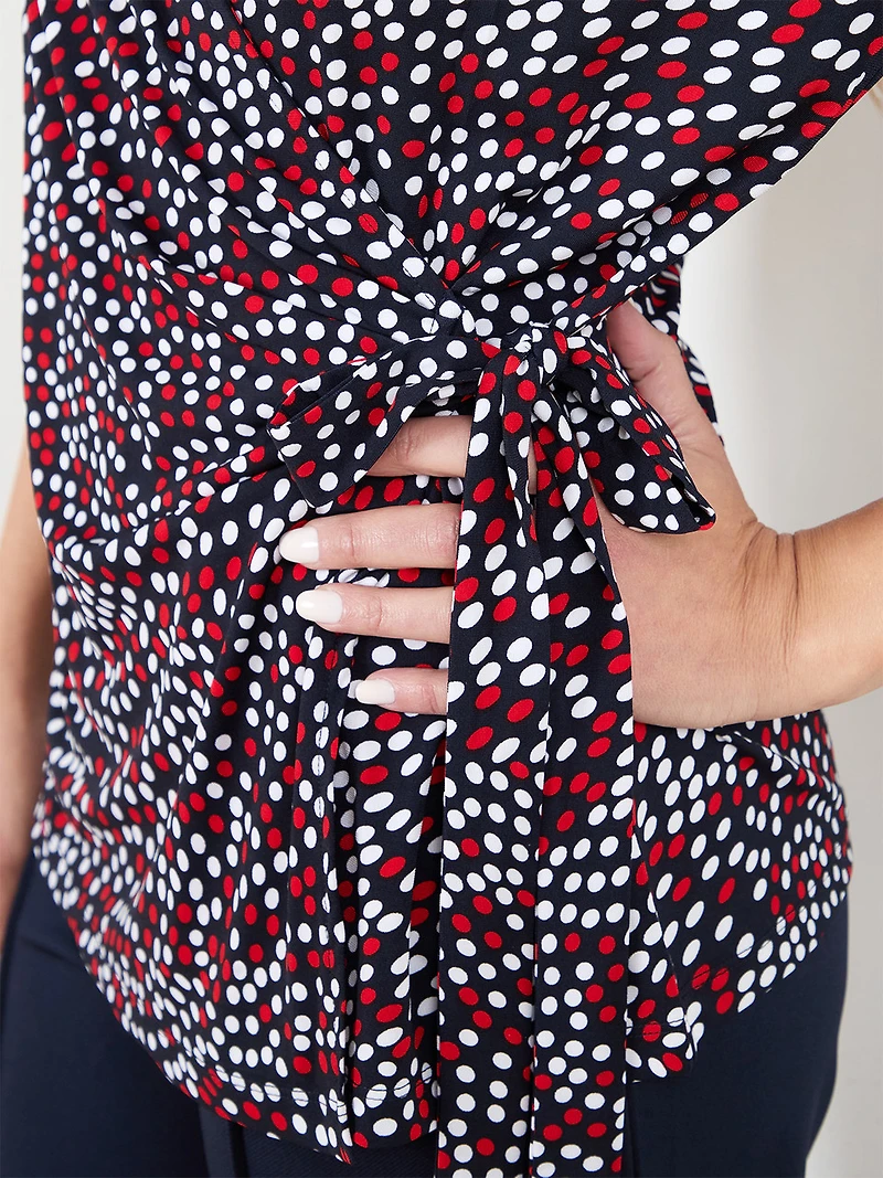 Soft Knit Wrap Top in Navy with White and Red Dots