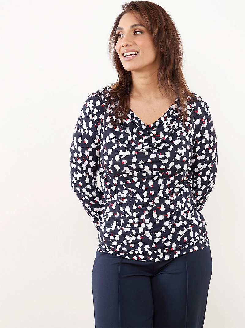 Petite Long Sleeve Cowl Neck Top in Navy/White/Red