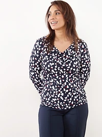 Petite Long Sleeve Cowl Neck Top in Navy/White/Red