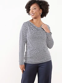 Petite Long Sleeve Cowl Neck Top in Navy & White Geo