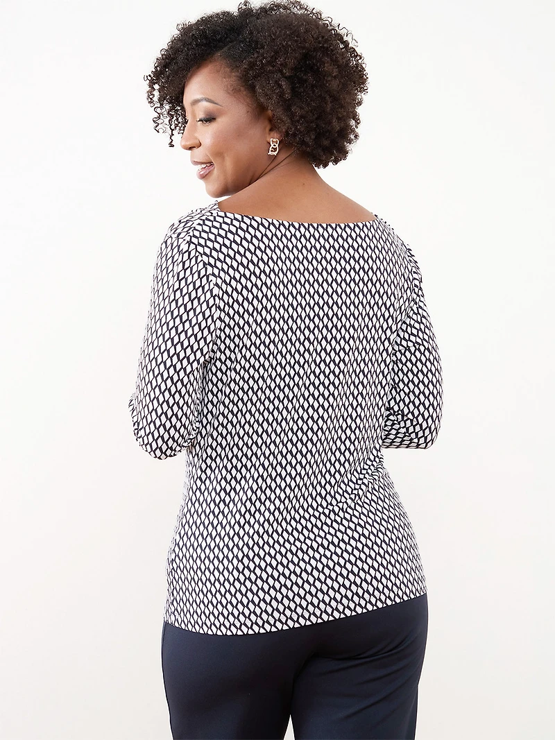 Petite Long Sleeve Cowl Neck Top in Navy & White Geo