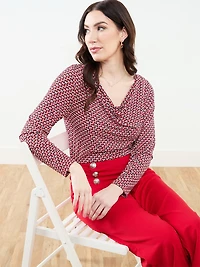 Long Sleeve Cowl Neck Top in Red & White