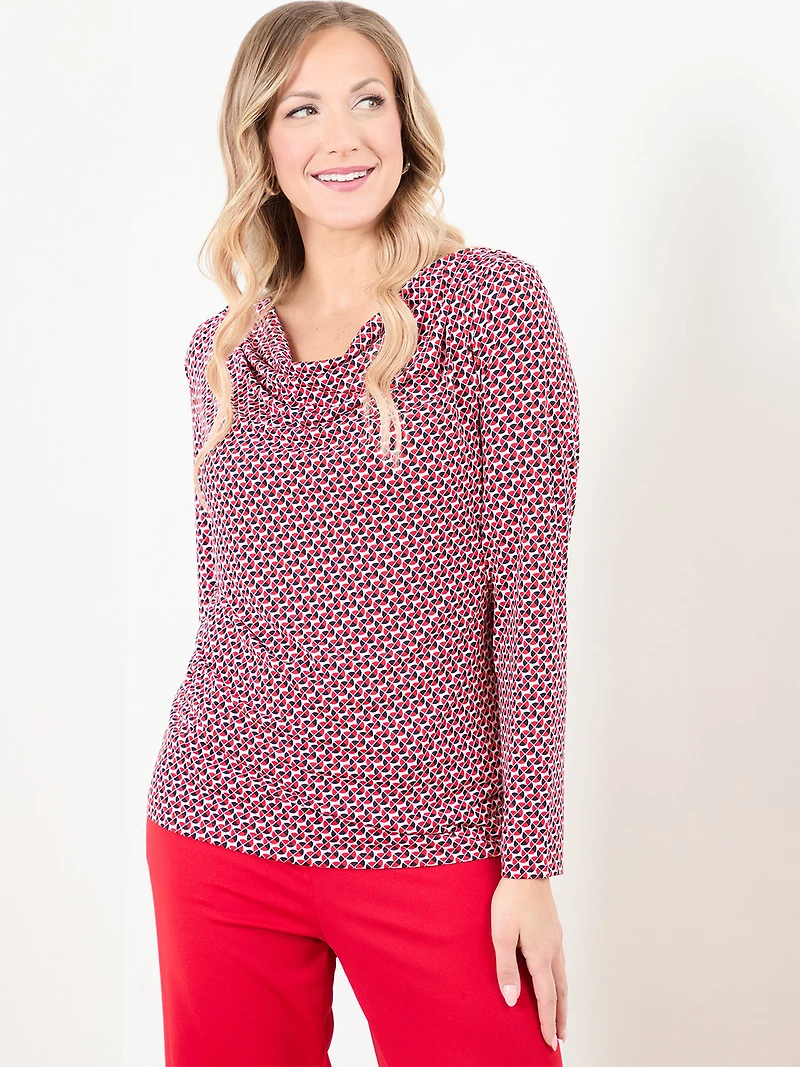 Long Sleeve Cowl Neck Top in Red & White