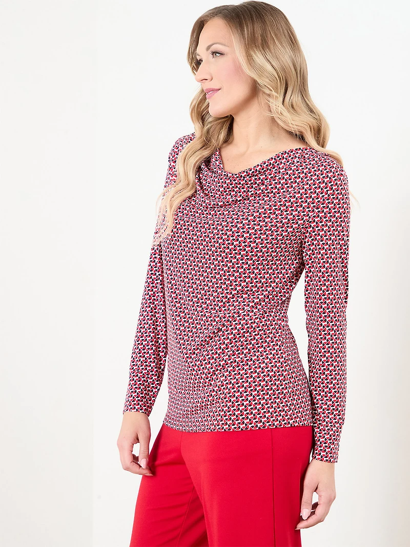 Long Sleeve Cowl Neck Top in Red & White