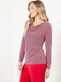 Long Sleeve Cowl Neck Top in Red & White