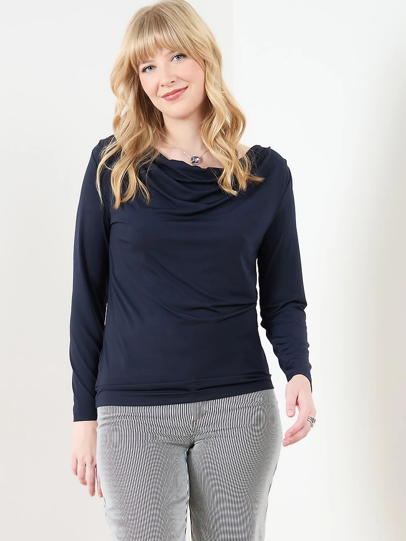Long Sleeve Cowl Neck Top in Solid Navy