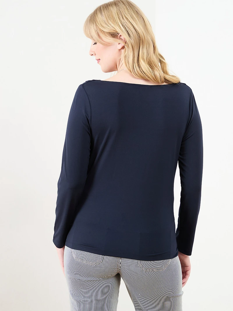 Long Sleeve Cowl Neck Top in Solid Navy