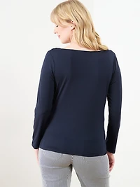 Long Sleeve Cowl Neck Top in Solid Navy