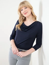 Long Sleeve Cowl Neck Top in Solid Navy