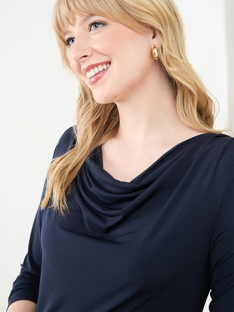 Long Sleeve Cowl Neck Top in Solid Navy