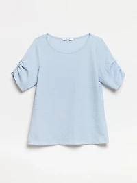 Petite Textured Ruched-Sleeve Top in Cornflower