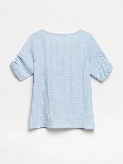 Petite Textured Ruched-Sleeve Top in Cornflower