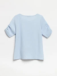Petite Textured Ruched-Sleeve Top in Cornflower