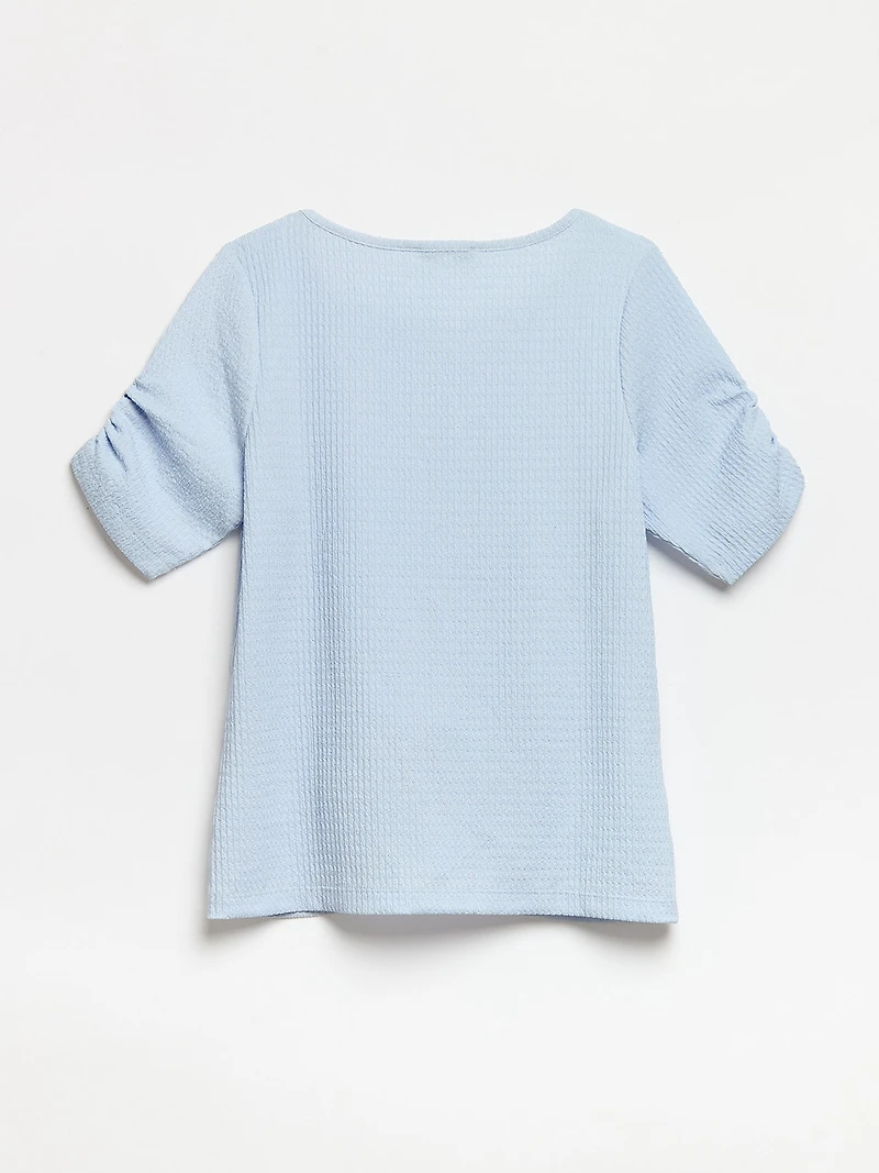 Petite Textured Ruched-Sleeve Top in Cornflower