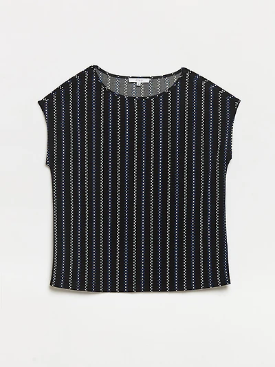 Cap Sleeve Crepe Top in Black with White Stripe