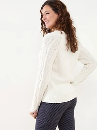 Speckle Cable Knit Pullover Sweater in White