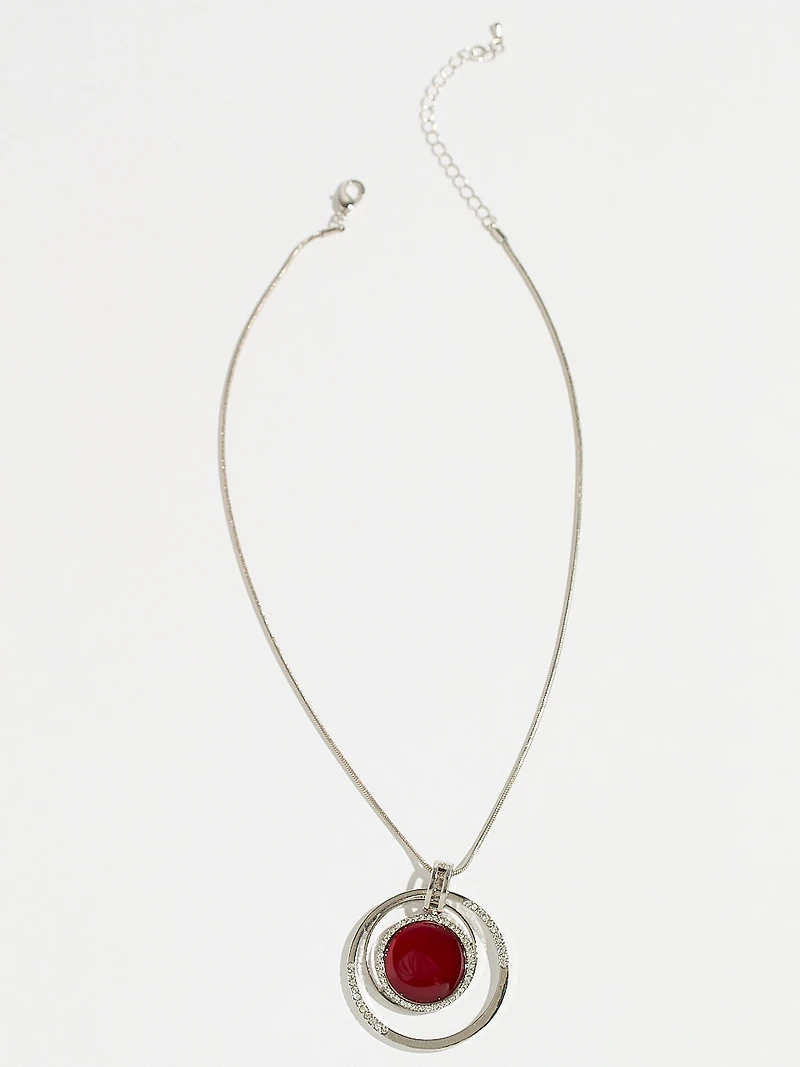 Short Silver Necklace with Cateye & Red Crystal Pendant