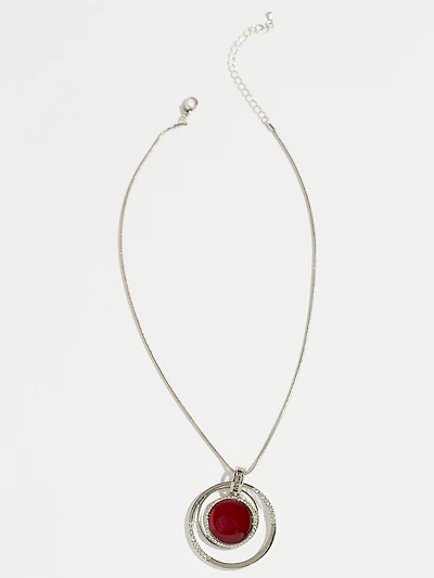 Short Silver Necklace with Cateye & Red Crystal Pendant 