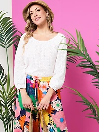 3/4 Sleeve Scoop Neck Eyelet Blouse in White