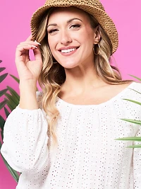 3/4 Sleeve Scoop Neck Eyelet Blouse in White