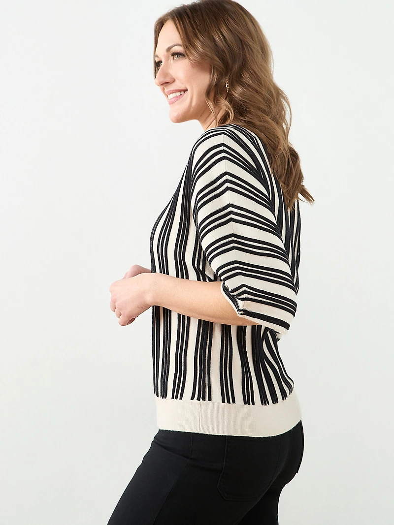 3/4 Kimono Sleeve Boat Neck Sweater in Stone/Black Stripe
