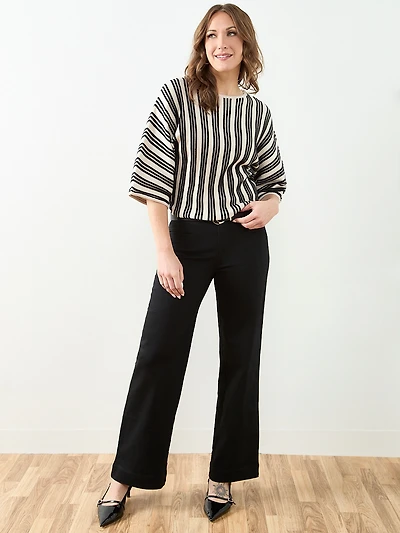 3/4 Kimono Sleeve Boat Neck Sweater in Stone/Black Stripe