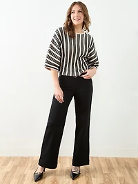 3/4 Kimono Sleeve Boat Neck Sweater in Stone/Black Stripe