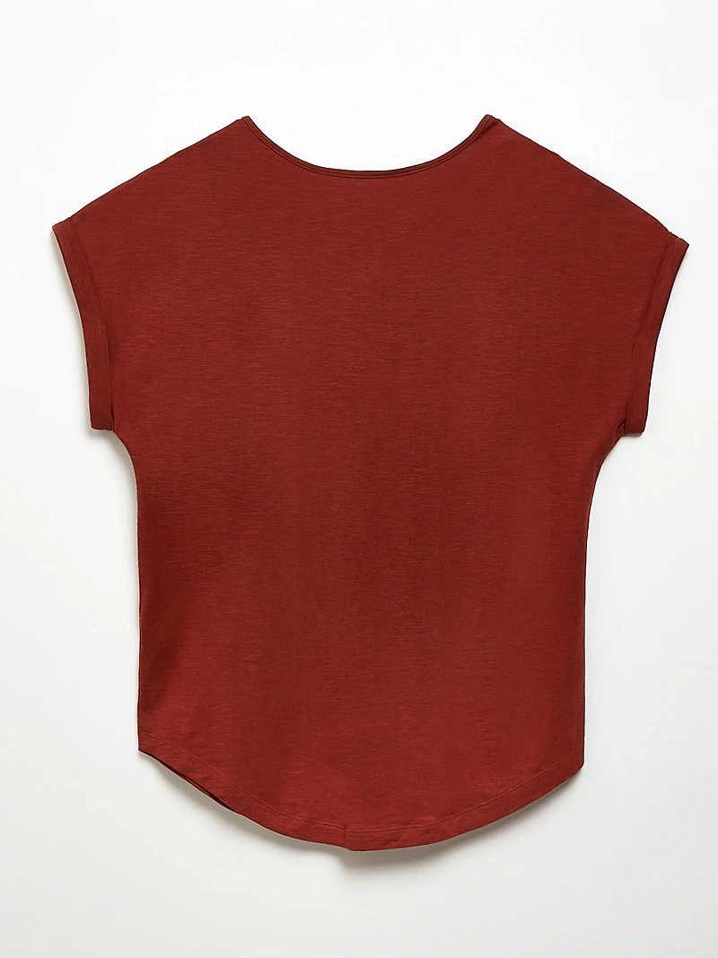 Short Cuffed Sleeve Slub Boat Neck Tee in Terracotta