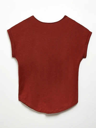 Short Cuffed Sleeve Slub Boat Neck Tee in Terracotta