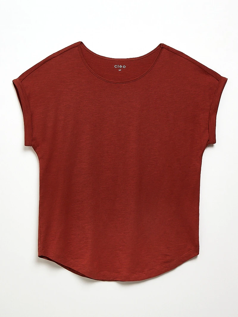 Short Cuffed Sleeve Slub Boat Neck Tee in Terracotta