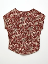 Petite Short Cuffed Sleeve Slub Boat Neck Tee in Terracotta Paisley