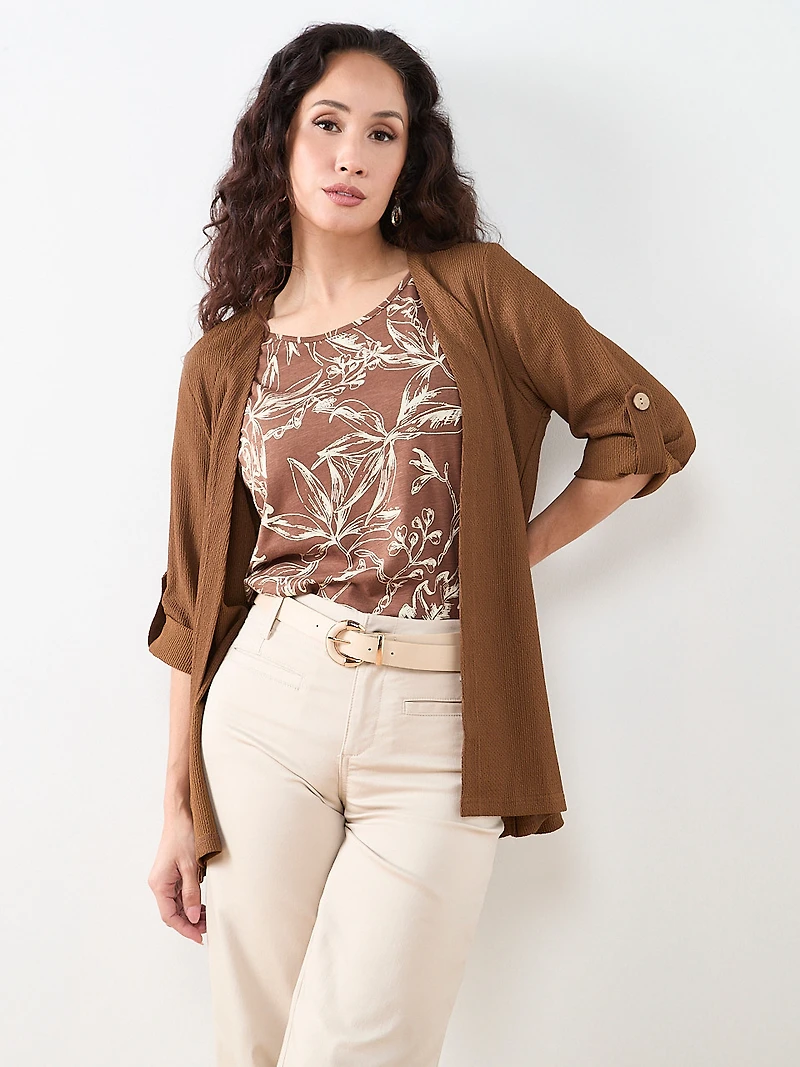 Petite Short Cuffed Sleeve Slub Boat Neck Tee in Tobacco Sketch