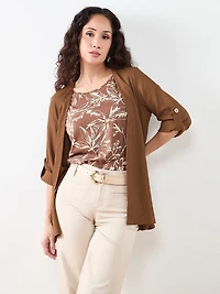 Petite Short Cuffed Sleeve Slub Boat Neck Tee in Tobacco Sketch