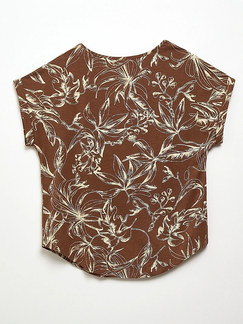 Petite Short Cuffed Sleeve Slub Boat Neck Tee in Tobacco Sketch