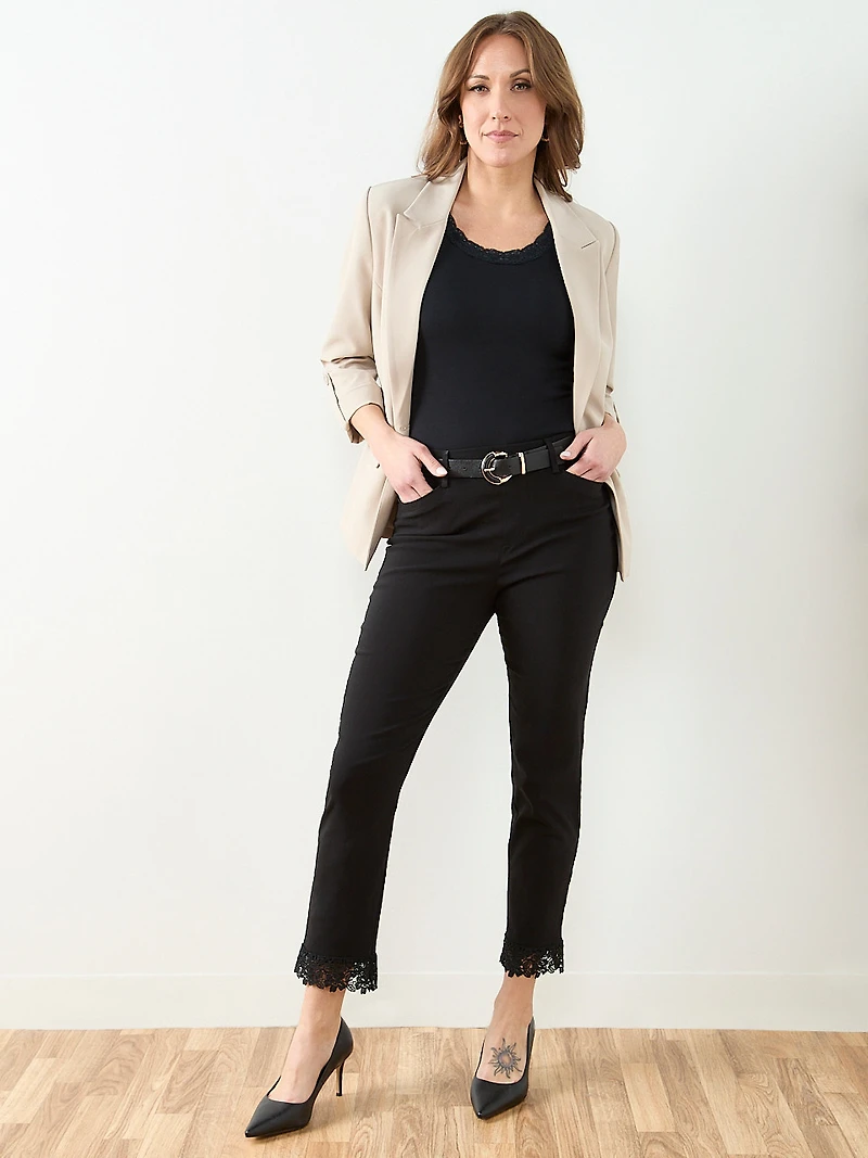 Emily Embroidered Microtwill Ankle Pant in Black