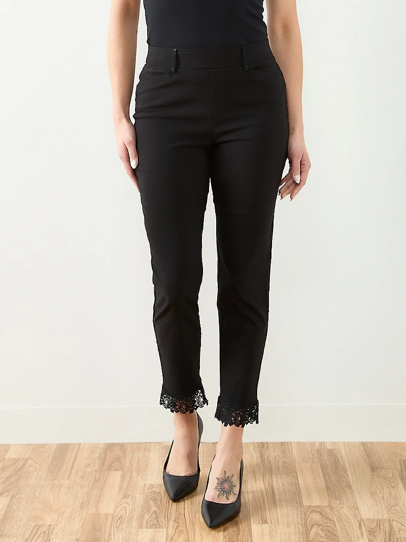 Emily Embroidered Microtwill Ankle Pant in Black