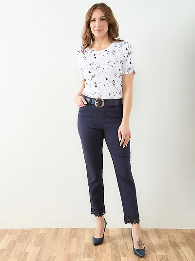 Emily Embroidered Microtwill Ankle Pant in Navy